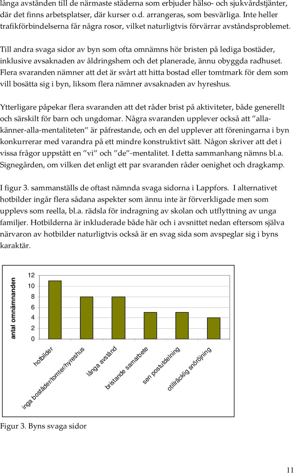 Till andra svaga sidor av byn som ofta omnämns hör bristen på lediga bostäder, inklusive avsaknaden av åldringshem och det planerade, ännu obyggda radhuset.