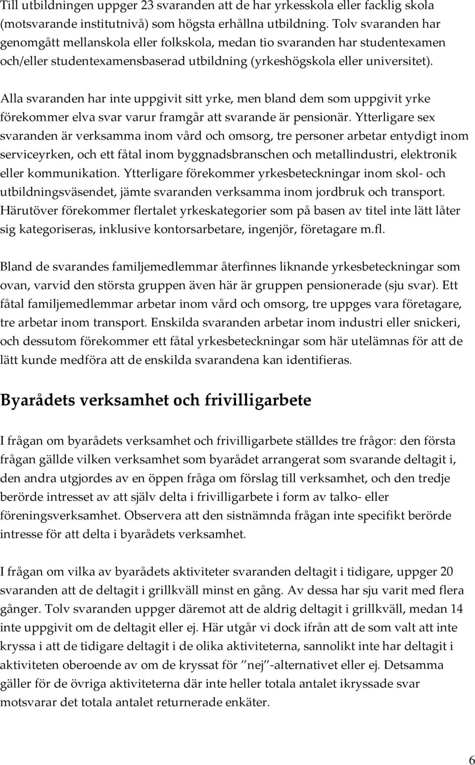 Alla svaranden har inte uppgivit sitt yrke, men bland dem som uppgivit yrke förekommer elva svar varur framgår att svarande är pensionär.