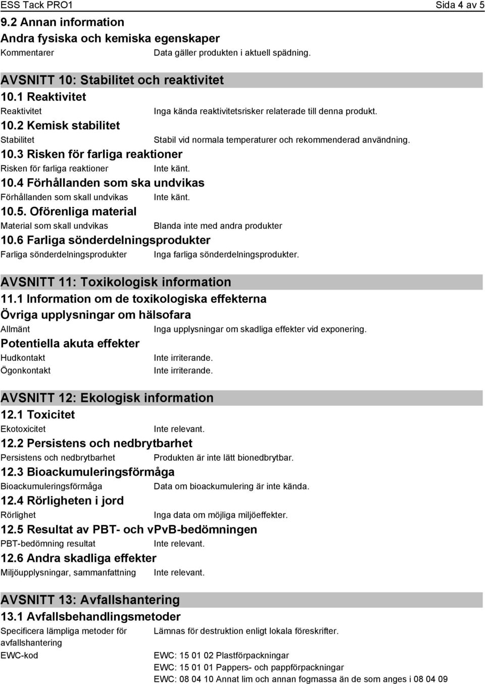 10.5. Oförenliga material Material som skall undvikas Blanda inte med andra produkter 10.6 Farliga sönderdelningsprodukter Farliga sönderdelningsprodukter Inga farliga sönderdelningsprodukter.