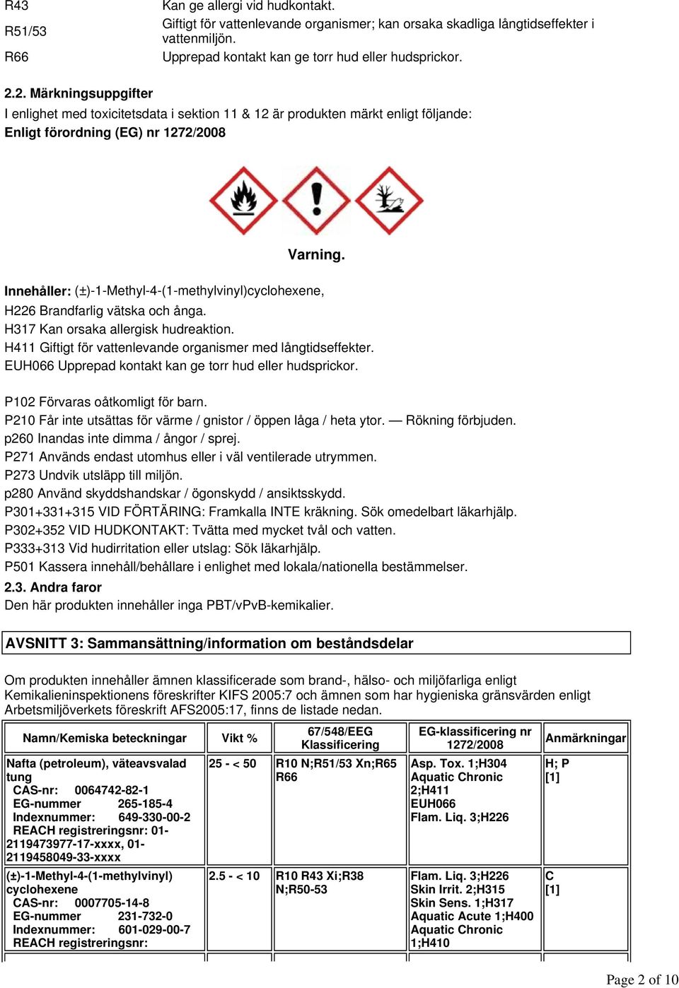 Innehåller: (±)-1-Methyl-4-(1-methylvinyl)cyclohexene, H226 Brandfarlig vätska och ånga. H317 Kan orsaka allergisk hudreaktion. H411 Giftigt för vattenlevande organismer med långtidseffekter.