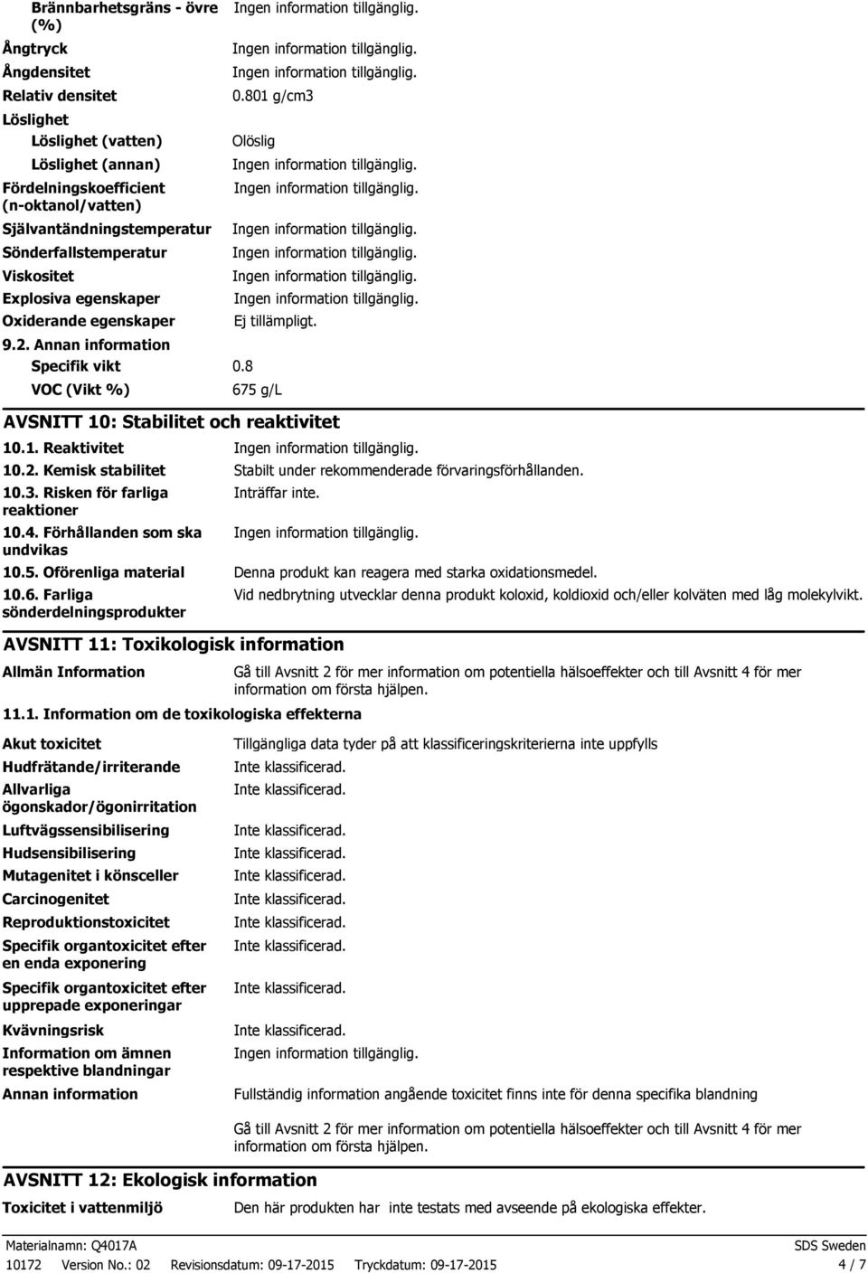 675 g/l AVSNITT 10: Stabilitet och reaktivitet 10.1. Reaktivitet 10.2. Kemisk stabilitet Stabilt under rekommenderade förvaringsförhållanden. 10.3. Risken för farliga reaktioner 10.4.