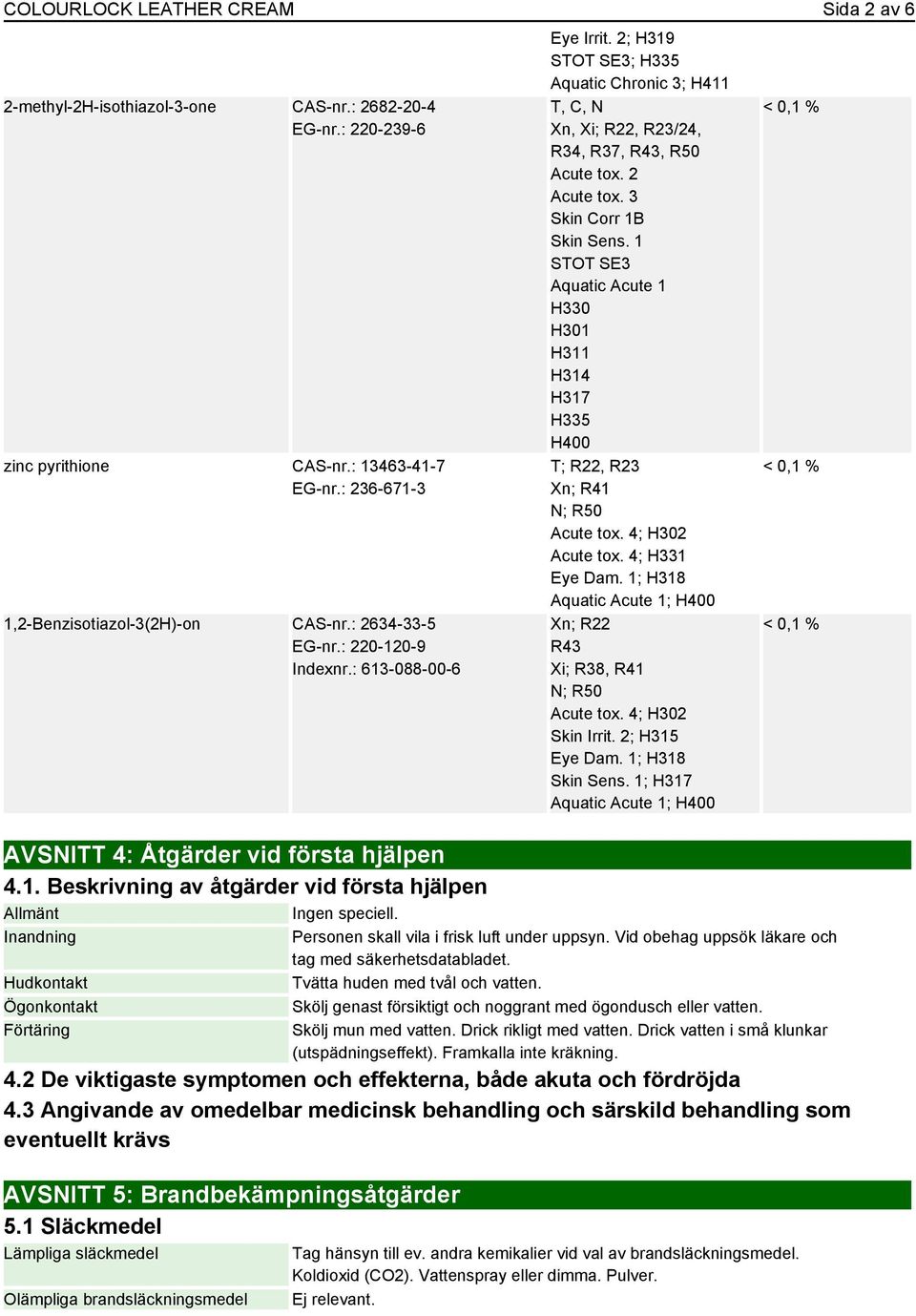 Inandning Hudkontakt Ögonkontakt Förtäring Eye Irrit. 2; H319 STOT SE3; H335 Aquatic Chronic 3; H411 T, C, N Xn, Xi; R22, R23/24, R34, R37, R43, R50 Acute tox. 2 Acute tox. 3 Skin Corr 1B Skin Sens.