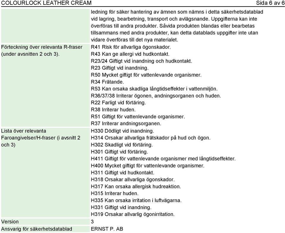 AB ledning för säker hantering av ämnen som nämns i detta säkerhetsdatablad vid lagring, bearbetning, transport och avlägsnande. Uppgifterna kan inte överföras till andra produkter.