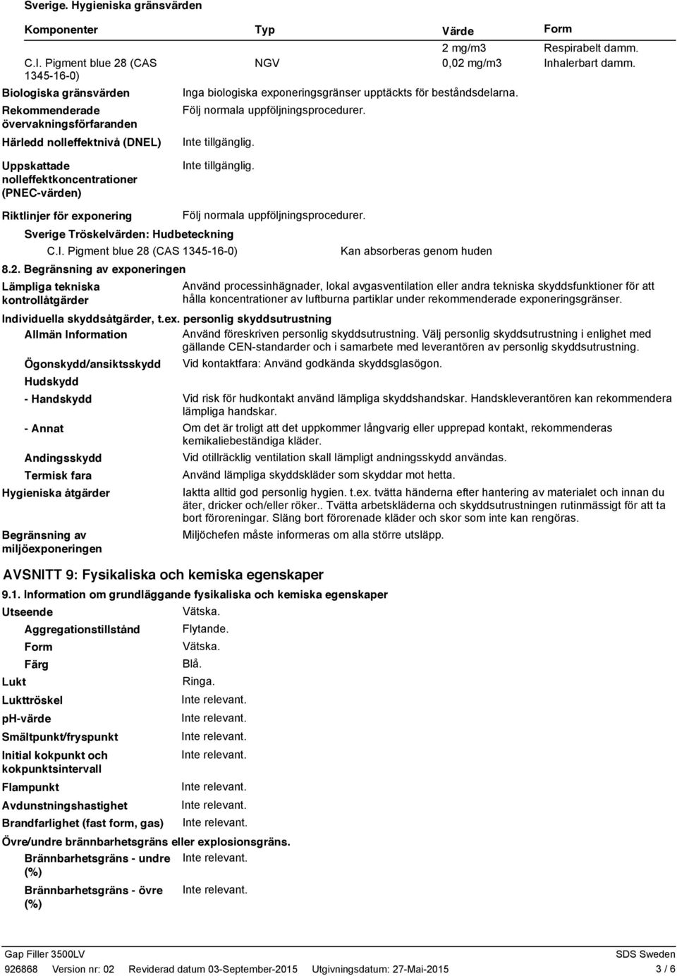 Respirabelt damm. NGV 0,02 mg/m3 Inhalerbart damm. Inga biologiska exponeringsgränser upptäckts för beståndsdelarna. Följ normala uppföljningsprocedurer.