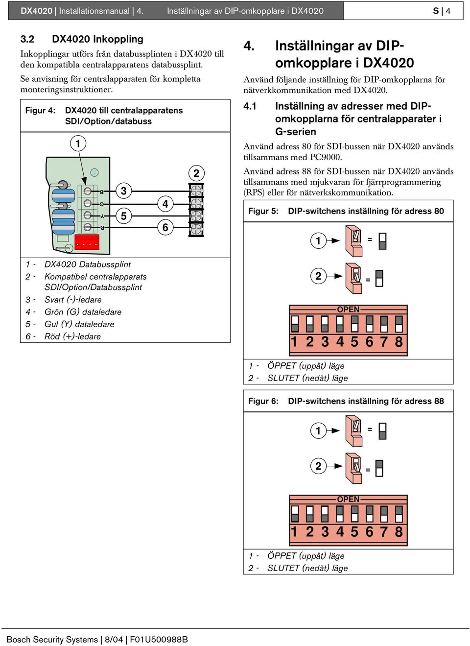 Figur 4: DX400 till centralapparatens SDI/Option/databuss - DX400 Databussplint - Kompatibel centralapparats SDI/Option/Databussplint 3 - Svart (-)-ledare 4 - Grön (G) dataledare 5 - Gul (Y)