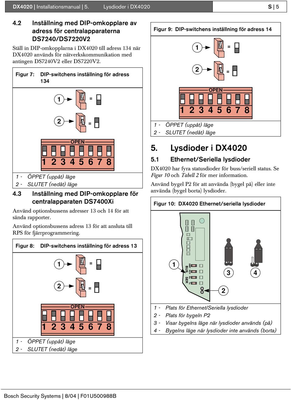 Figur 7: DIP-switchens inställning för adress 34 OPEN 3 4 5 6 78 - ÖPPET (uppåt) läge - SLUTET (nedåt) läge 4.