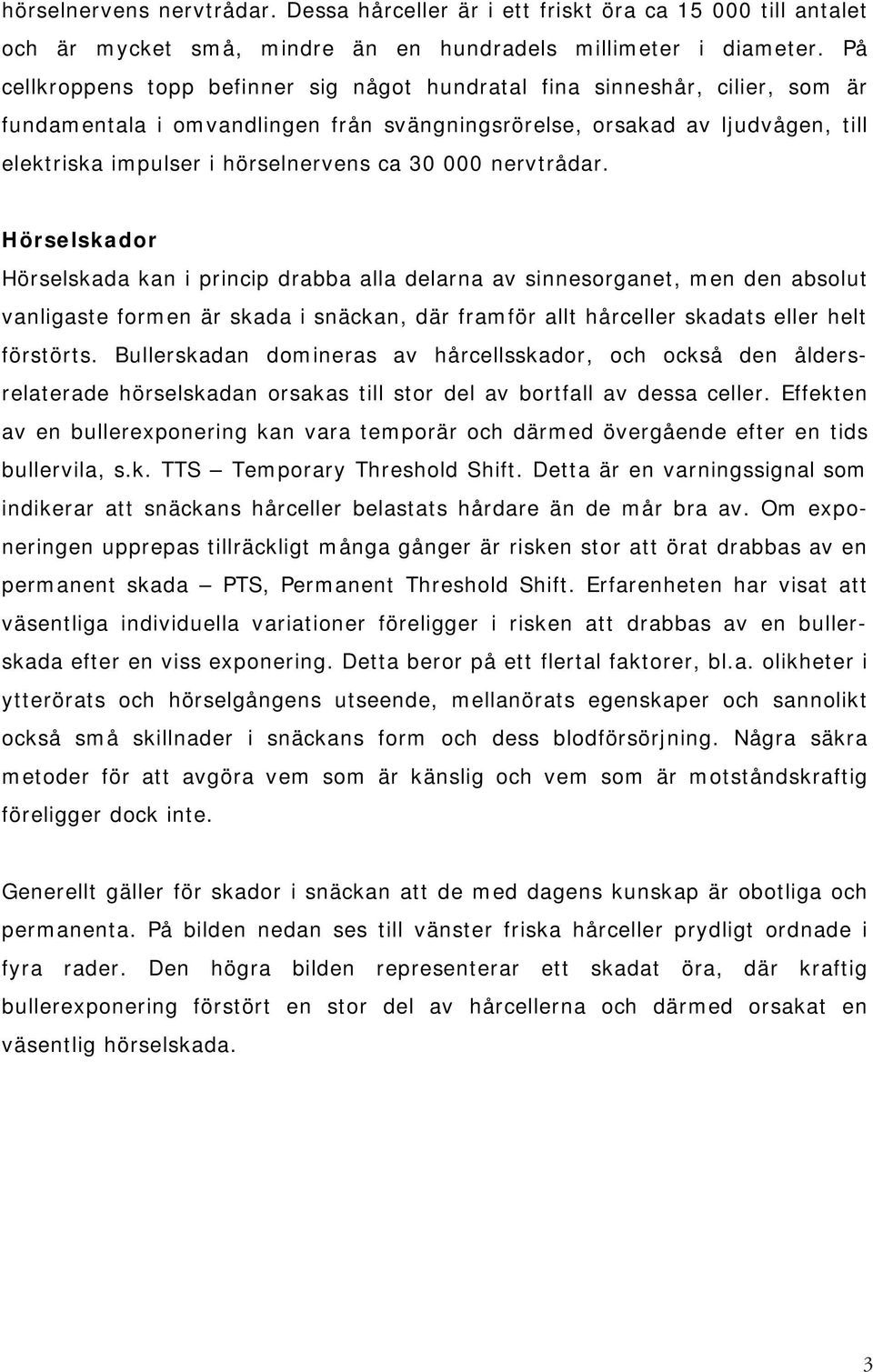 aktivitet i hörselnervens nervtrådar. Dessa hårceller är i ett friskt öra ca 15 000 till antalet och är mycket små, mindre än en hundradels millimeter i diameter.