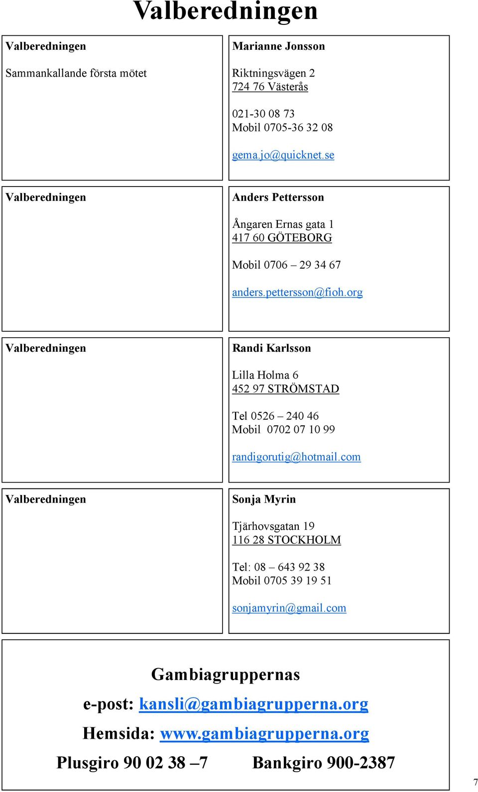 org Valberedningen Randi Karlsson Lilla Holma 6 452 97 STRÖMSTAD Tel 0526 240 46 Mobil 0702 07 10 99 randigorutig@hotmail.