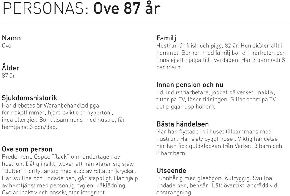 Butter Förflyttar sig med stöd av rollator (krycka). Har svullna och lindade ben, går stappligt. Har hjälp av hemtjänst med personlig hygien, påklädning. Ove är inaktiv och passiv, stor integritet.