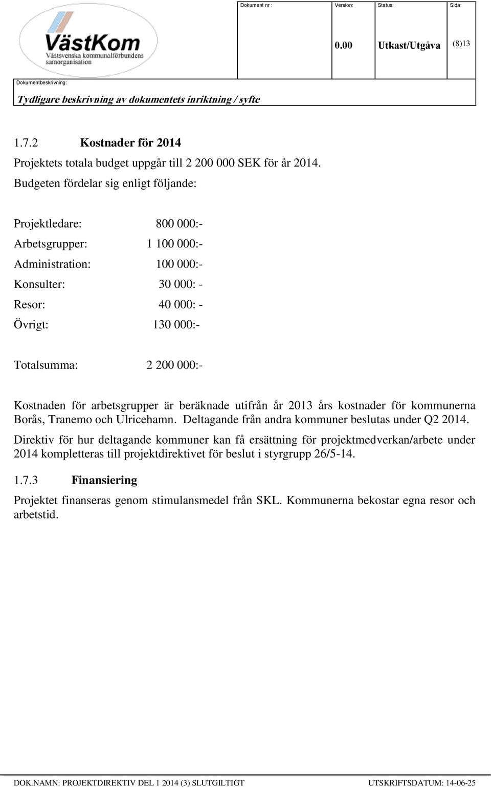 000:- Kostnaden för arbetsgrupper är beräknade utifrån år 2013 års kostnader för kommunerna Borås, Tranemo och Ulricehamn. Deltagande från andra kommuner beslutas under Q2 2014.