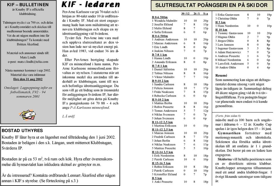 Material ska vara inlämnat före den 31 aug 2002 Omslaget: Lagpeppning inför en fotbollsmatch, F92 94 sommaren 2001 BOSTAD UTHYRES Per-Arne Karlsson var på 70-talet och i början av 80-talet under 10