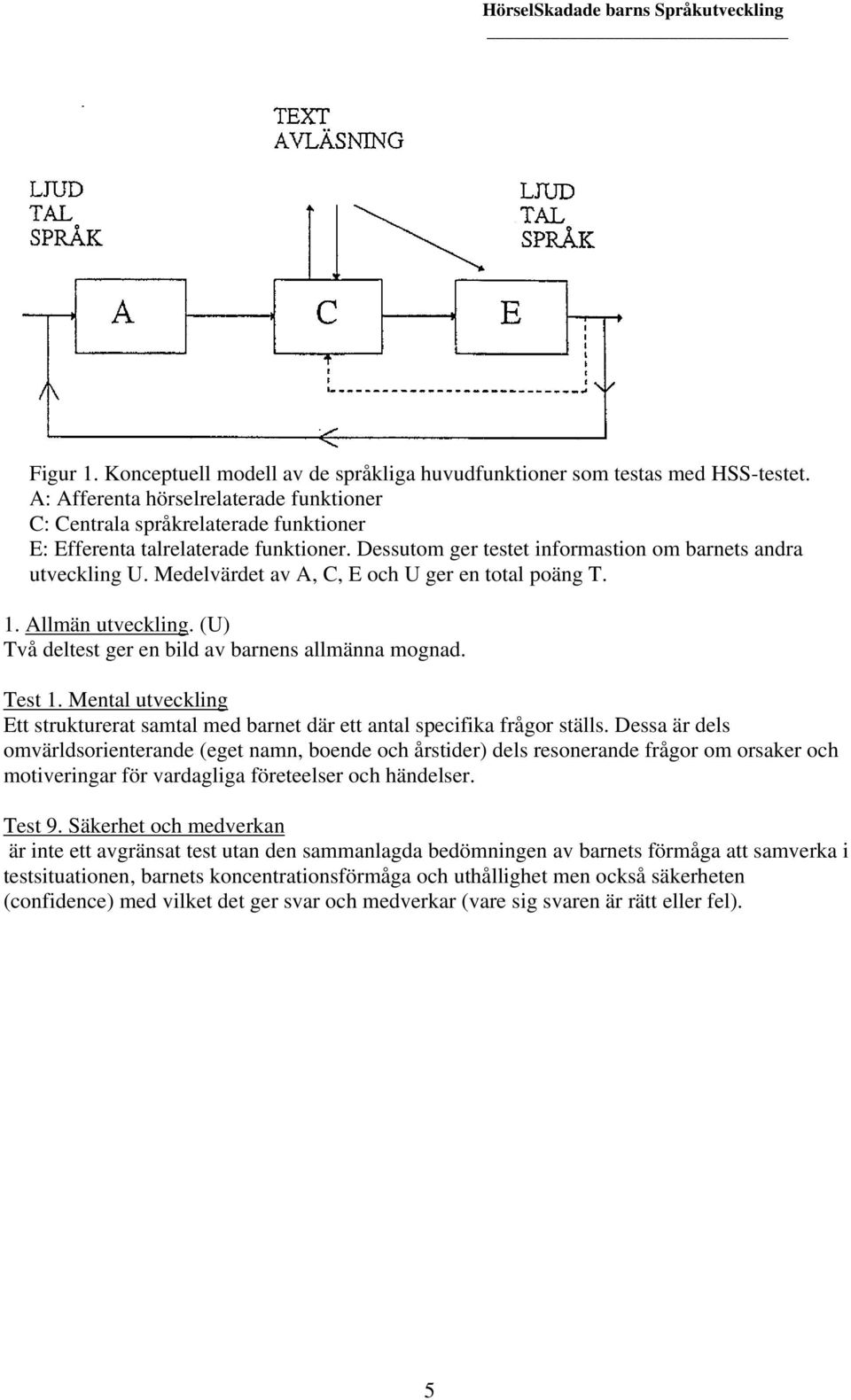 Medelvärdet av A, C, E och U ger en total poäng T. 1. Allmän utveckling. (U) Två deltest ger en bild av barnens allmänna mognad. Test 1.