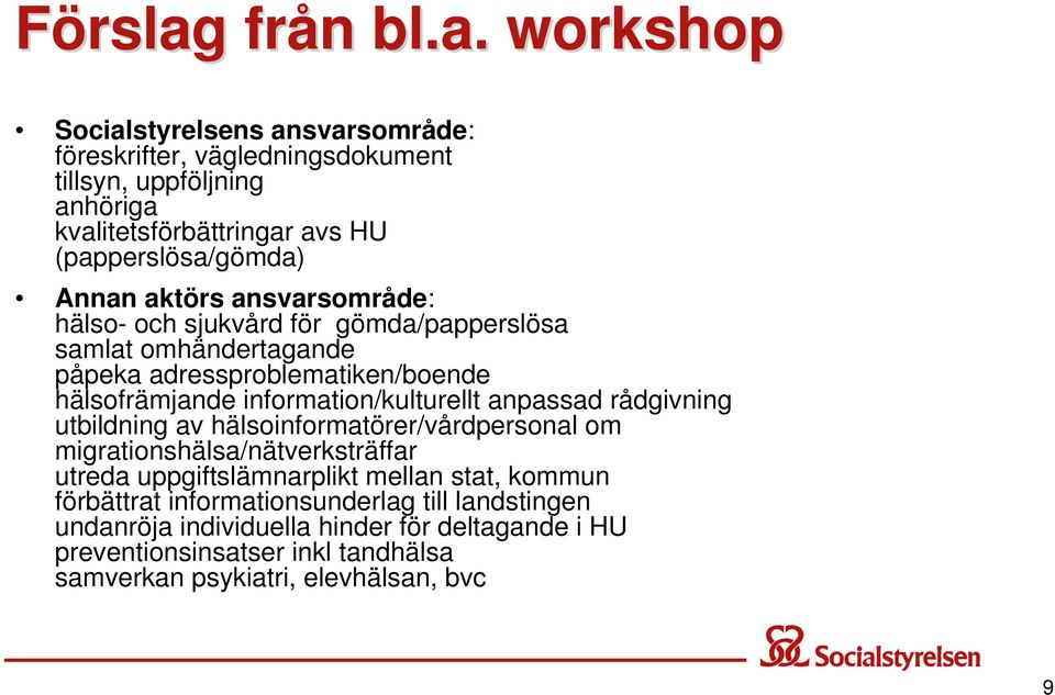 workshop Socialstyrelsens ansvarsområde: föreskrifter, vägledningsdokument tillsyn, uppföljning anhöriga kvalitetsförbättringar avs HU (papperslösa/gömda) Annan