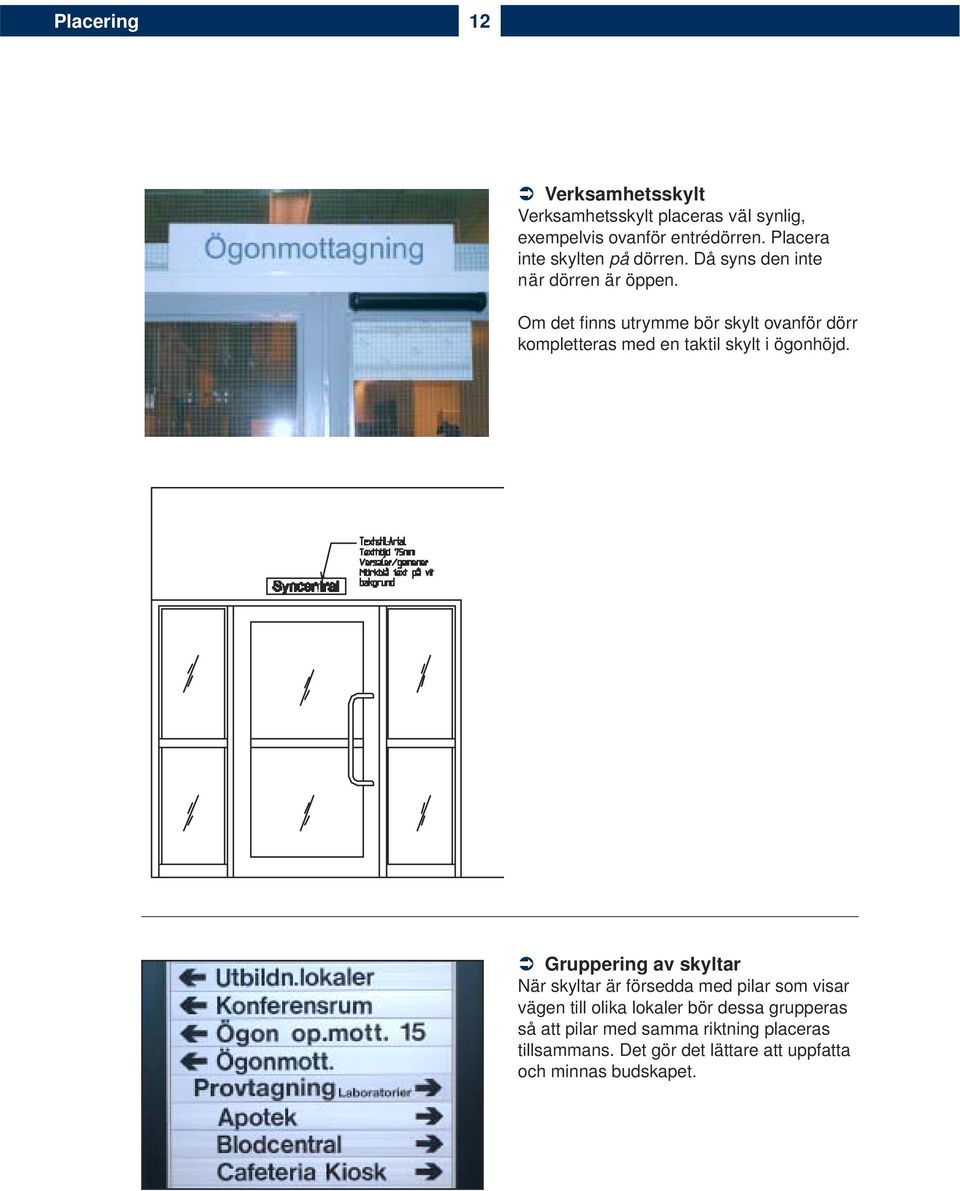 Om det fi nns utrymme bör skylt ovanför dörr kompletteras med en taktil skylt i ögonhöjd.