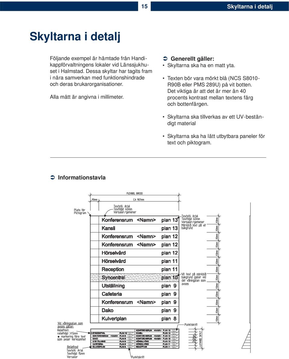 ! Generellt gäller: Skyltarna ska ha en matt yta. Texten bör vara mörkt blå (NCS S8010- R90B eller PMS 289U) på vit botten.