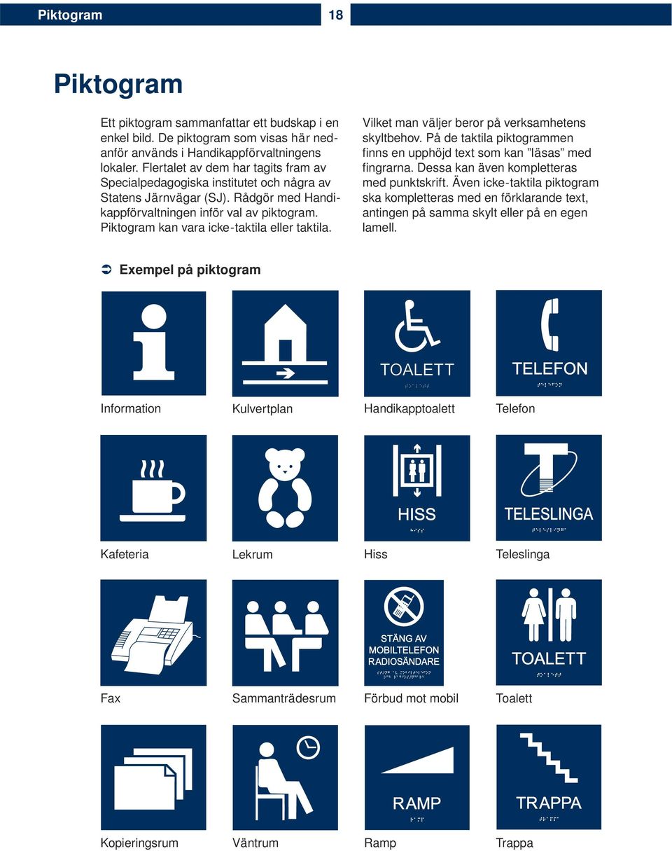 Piktogram kan vara icke-taktila eller taktila. Vilket man väljer beror på verksamhetens skyltbehov. På de taktila piktogrammen fi nns en upphöjd text som kan läsas med fi ngrarna.