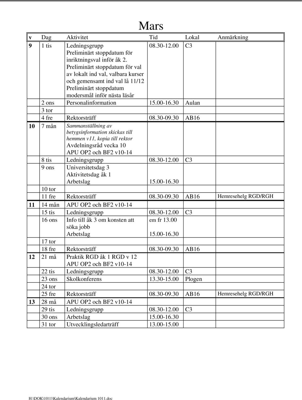 Rektorsträff 10 7 mån Sammanställning av betygsinformation skickas till hemmen v11, kopia till rektor Avdelningsråd vecka 10 APU OP2 och BF2 v10-14 8 tis Ledningsgrupp 9 ons Universitetsdag 3