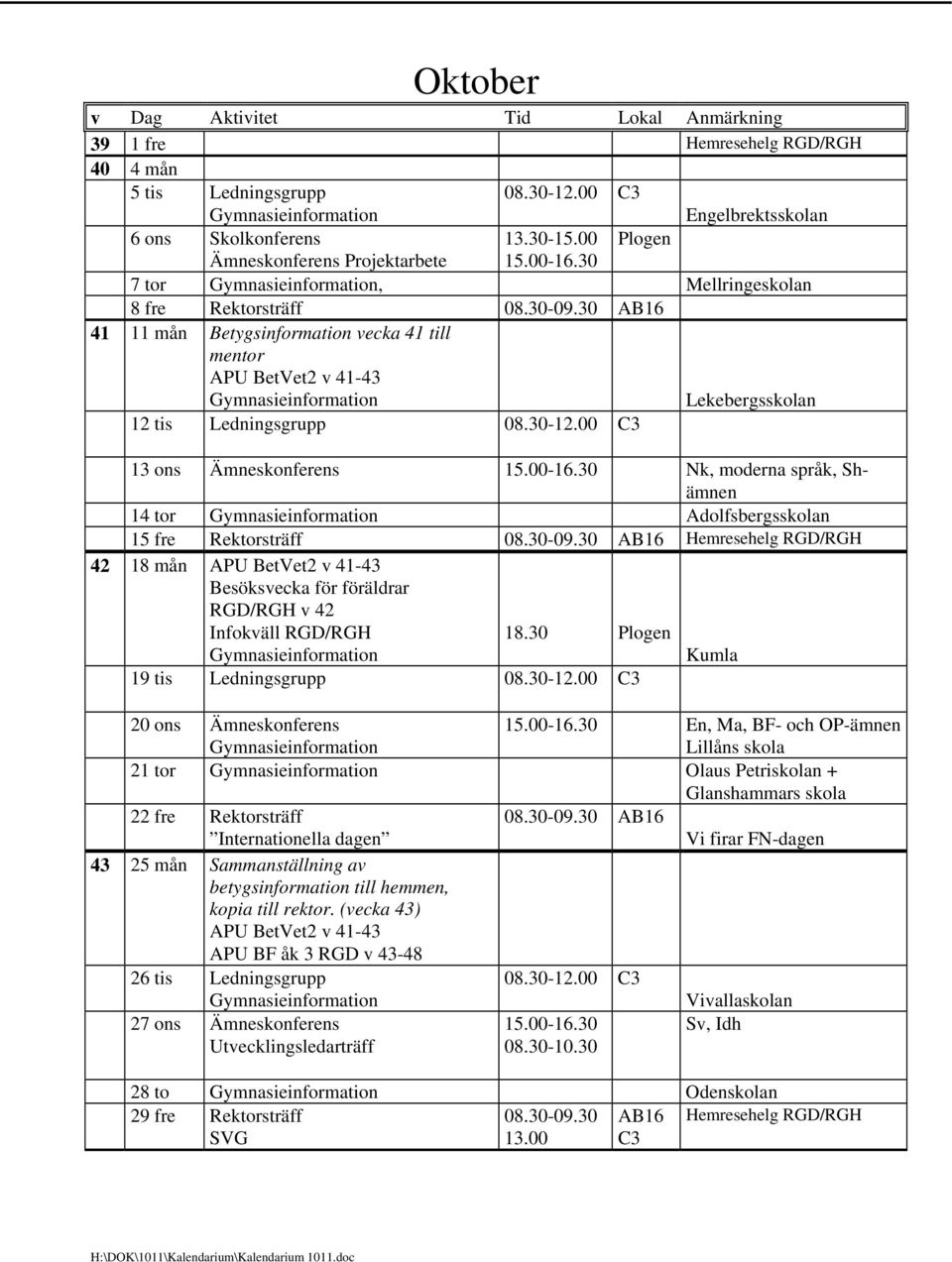 Ämneskonferens Nk, moderna språk, Shämnen 14 tor Adolfsbergsskolan 15 fre Rektorsträff Hemresehelg RGD/RGH 42 18 mån APU BetVet2 v 41-43 Besöksvecka för föräldrar RGD/RGH v 42 Infokväll RGD/RGH 18.
