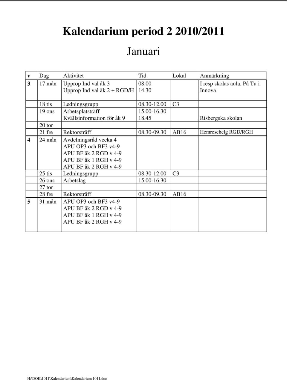 45 Risbergska skolan 20 tor 21 fre Rektorsträff Hemresehelg RGD/RGH 4 24 mån Avdelningsråd vecka 4 APU OP3 och BF3 v4-9 APU BF åk 2 RGD v