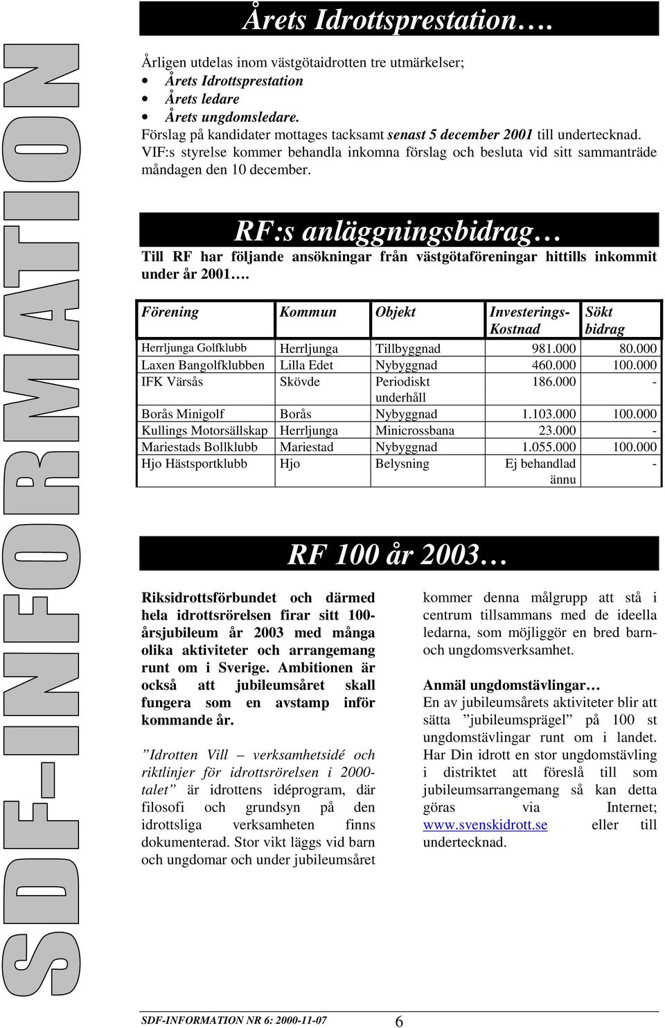 RF:s anläggningsbidrag Till RF har följande ansökningar från västgötaföreningar hittills inkommit under år 2001.