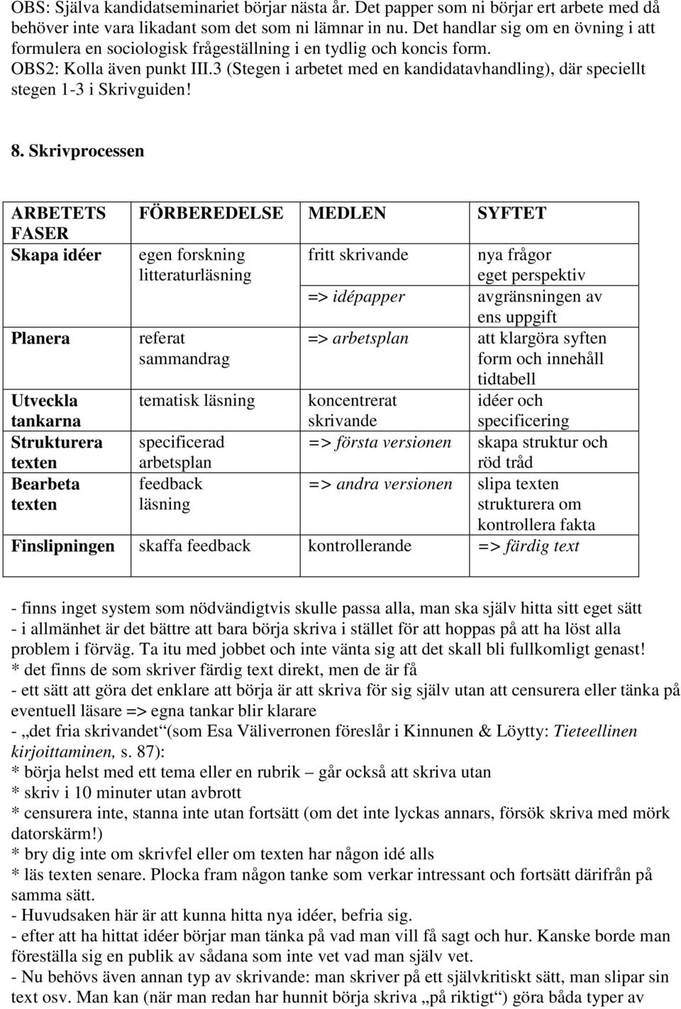 3 (Stegen i arbetet med en kandidatavhandling), där speciellt stegen 1-3 i Skrivguiden! 8.