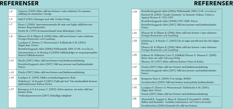 Liber Eliasson M. & Ellgrim B. (2006) Mäns våld mot kvinnor i nära relationer. Sveriges Kommuner och Landsting Lundgren E. Heimer G. Westerstrand J. Kalliokoski A-M. (2001) Slagen dam. Fritzes.