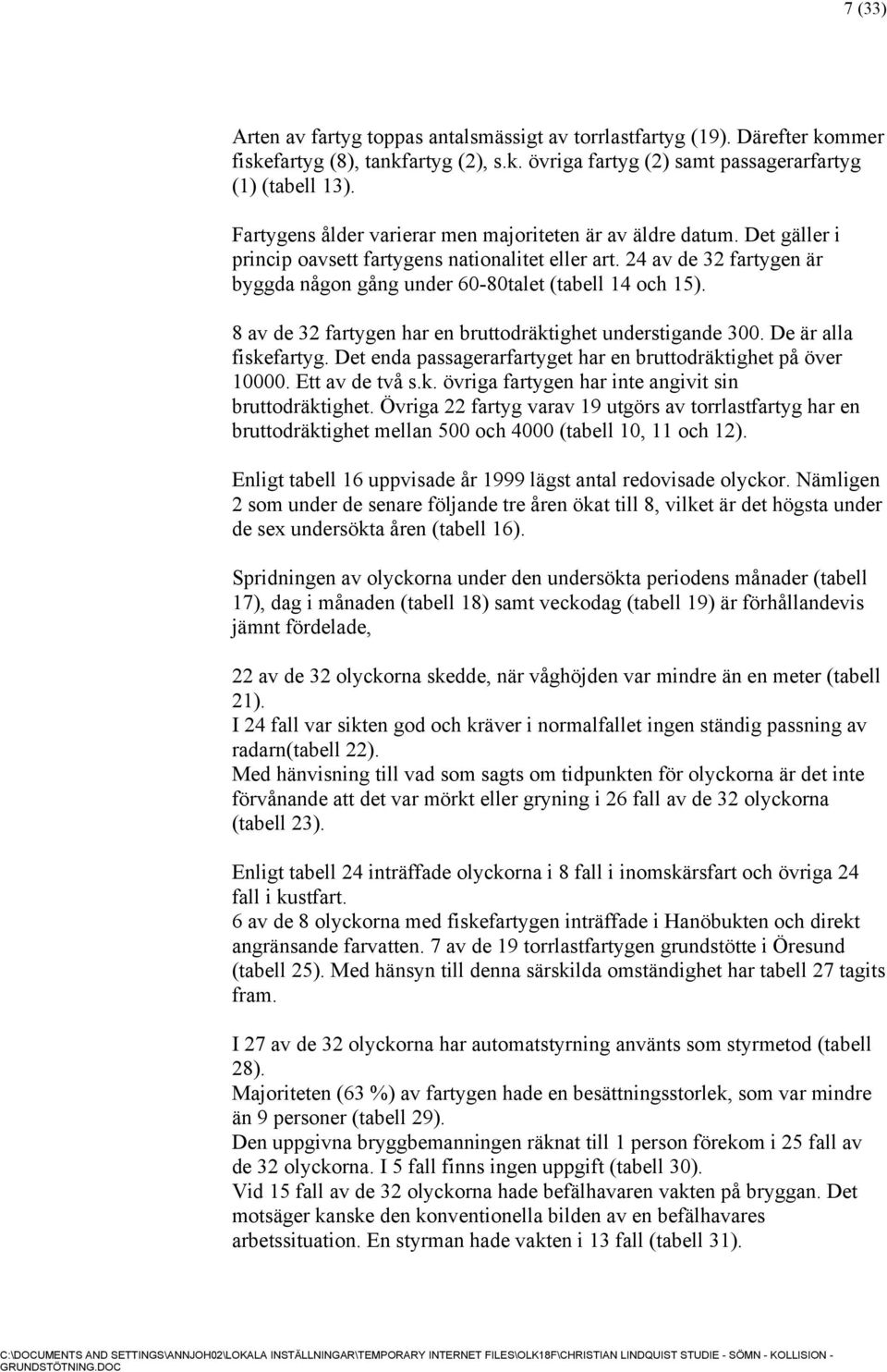 24 av de 32 fartygen är byggda någon gång under 60-80talet (tabell 14 och 15). 8 av de 32 fartygen har en bruttodräktighet understigande 300. De är alla fiskefartyg.