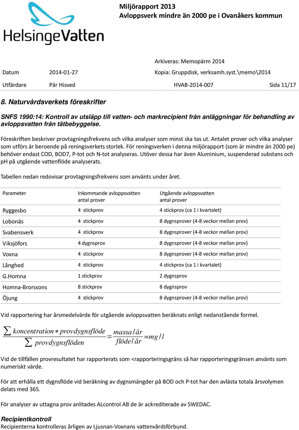 Föreskriften beskriver provtagningsfrekvens och vilka analyser som minst ska tas ut. Antalet prover och vilka analyser som utförs är beroende på reningsverkets storlek.