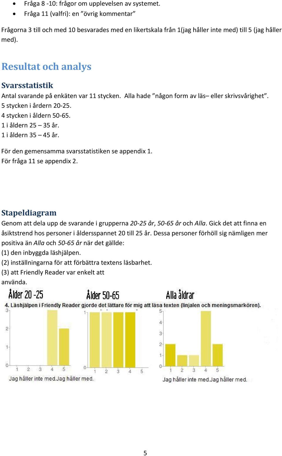 1iåldern35 45år. Fördengemensammasvarsstatistikenseappendix1. Förfråga11seappendix2. Stapeldiagram Genomattdelauppdesvarandeigrupperna2025år,5065årochAlla.