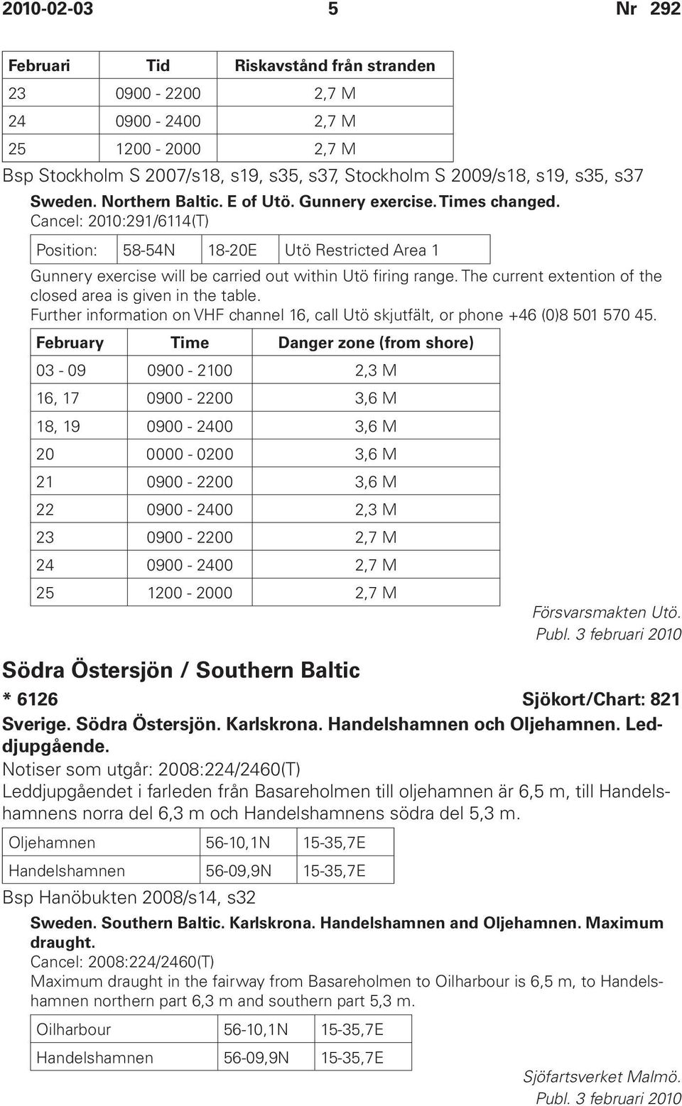 The current extention of the closed area is given in the table. Further information on VHF channel 16, call Utö skjutfält, or phone +46 (0)8 501 570 45.