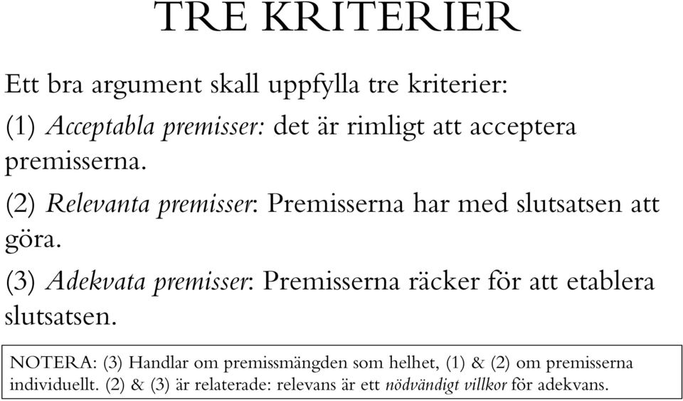 (3) Adekvata premisser: Premisserna räcker för att etablera slutsatsen.