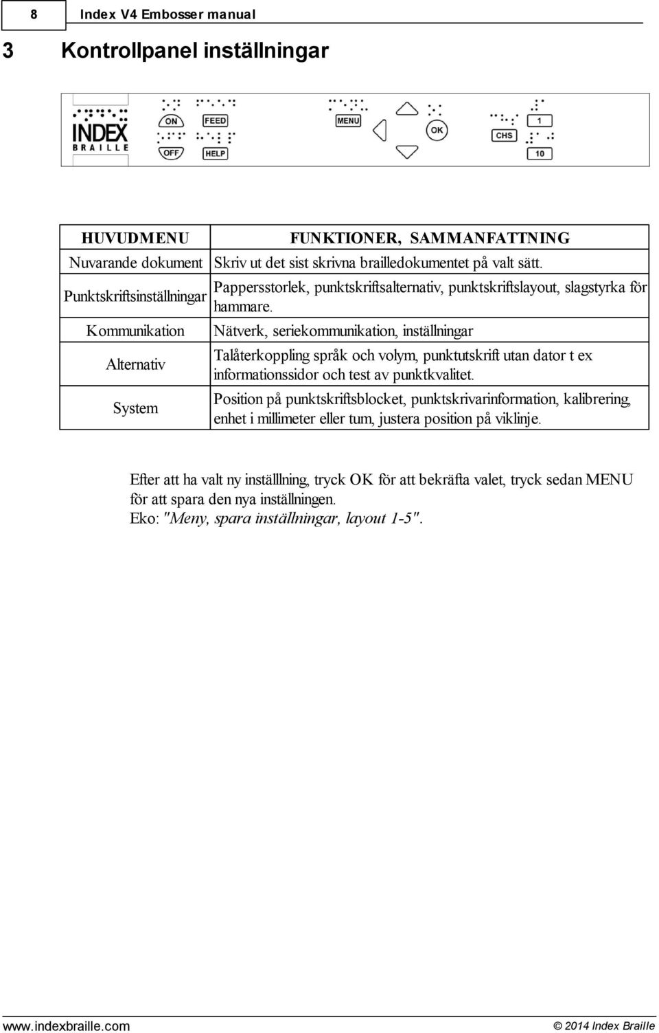 Kommunikation Nätverk, seriekommunikation, inställningar Talåterkoppling språk och volym, punktutskrift utan dator t ex Alternativ informationssidor och test av punktkvalitet.