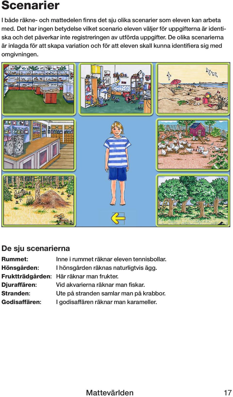 De olika scenarierna är inlagda för att skapa variation och för att eleven skall kunna identifiera sig med omgivningen.