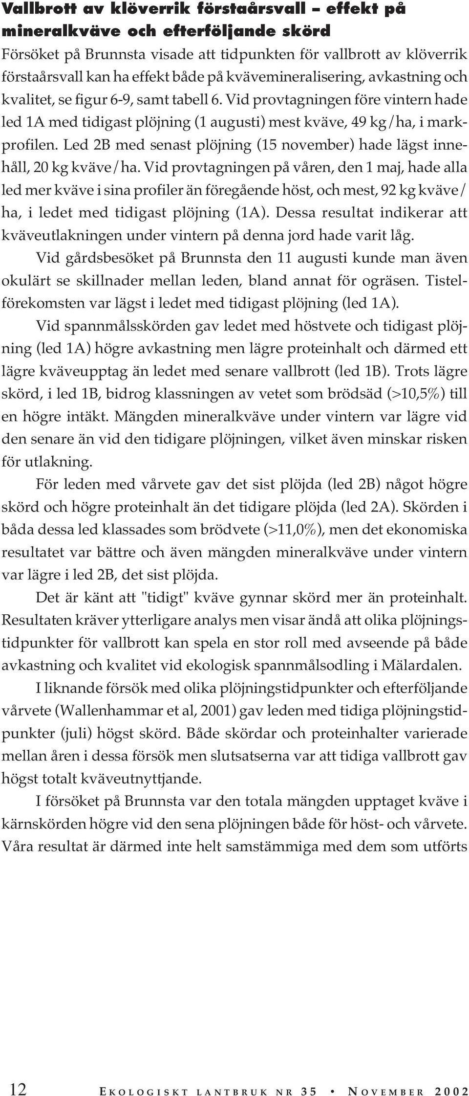 Led 2B med senast plöjning (15 november) hade lägst innehåll, 20 kg kväve/ha.