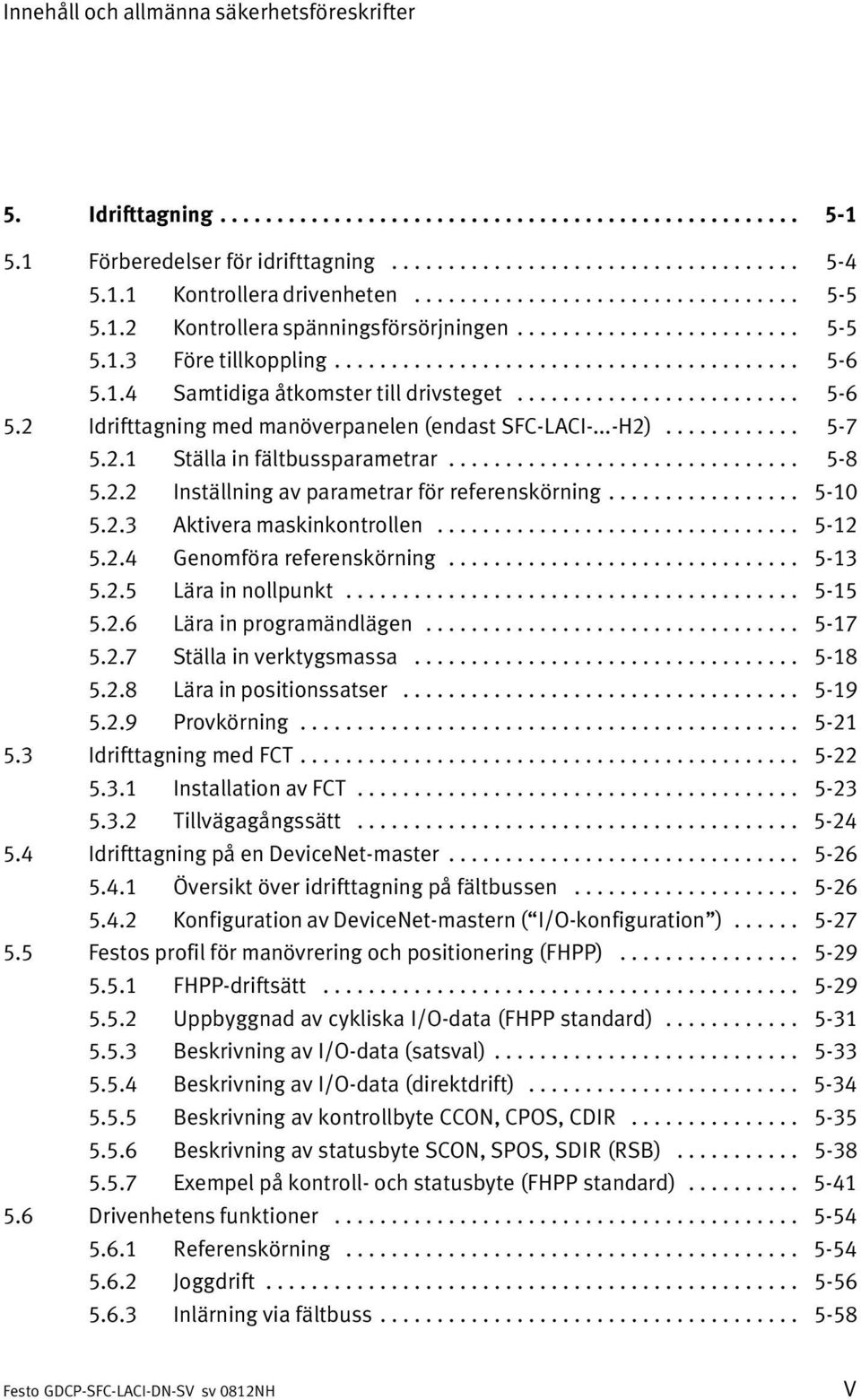 ........................ 5 6 5.2 Idrifttagning med manöverpanelen (endast SFC LACI... H2)............ 5 7 5.2.1 Ställa in fältbussparametrar............................... 5 8 5.2.2 Inställning av parametrar för referenskörning.