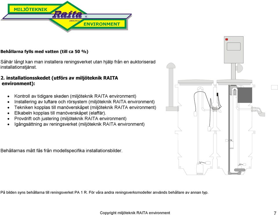 Tekniken kopplas till manöverskåpet (miljöteknik RAITA environment) Elkabeln kopplas till manöverskåpet (elaffär).