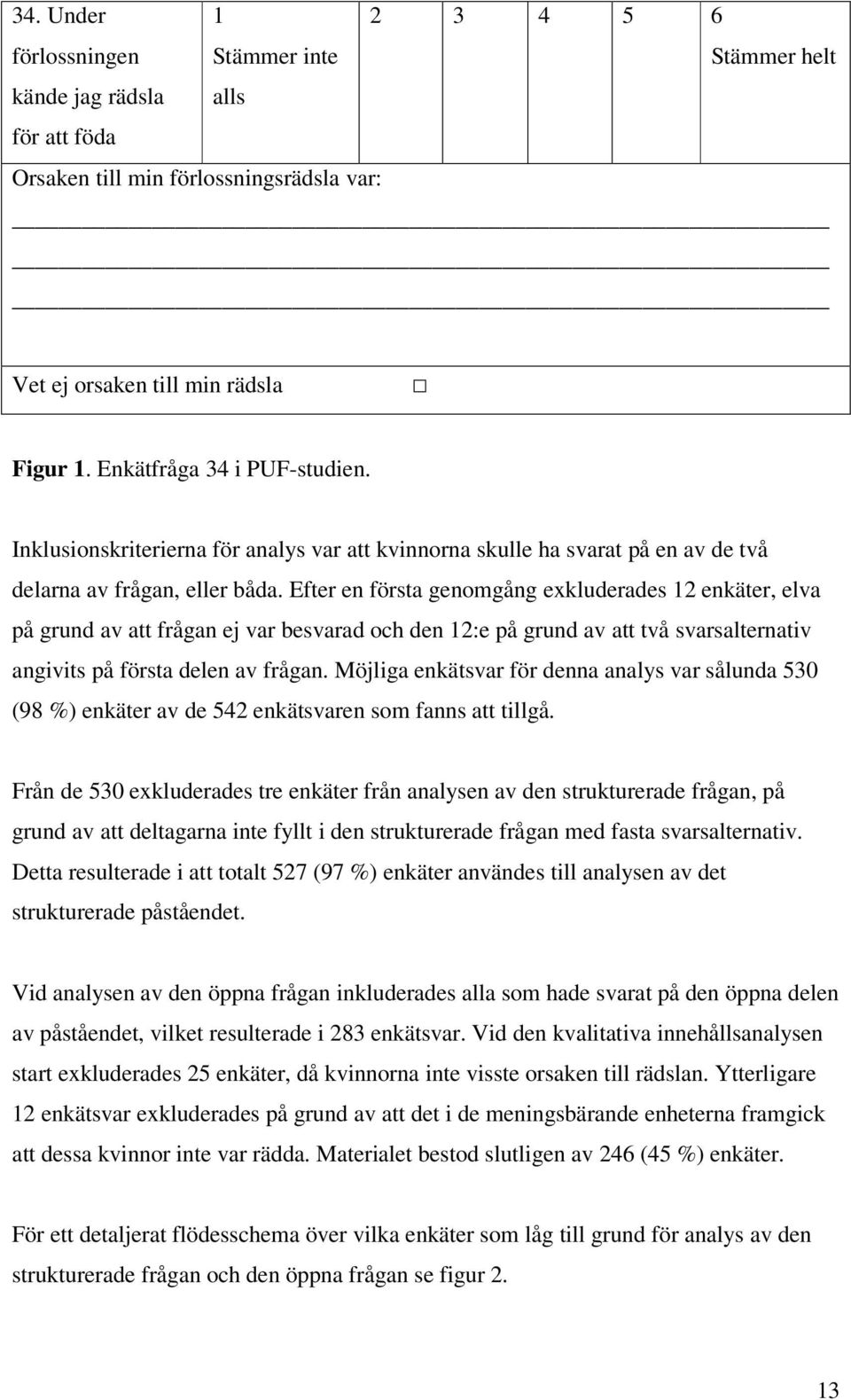 Efter en första genomgång exkluderades 12 enkäter, elva på grund av att frågan ej var besvarad och den 12:e på grund av att två svarsalternativ angivits på första delen av frågan.