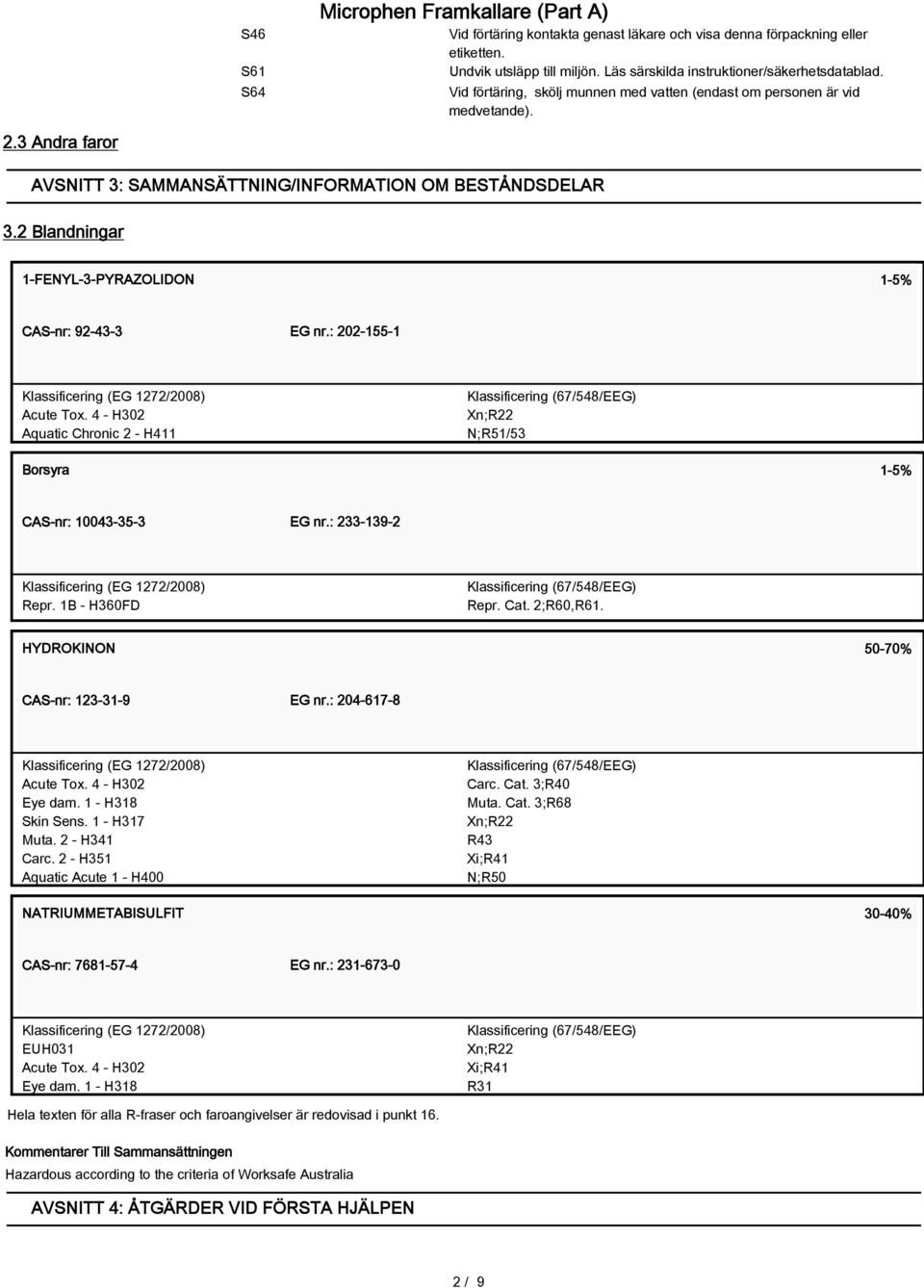2 Blandningar 1-FENYL-3-PYRAZOLIDON 1-5% CAS-nr: 92-43-3 EG nr.: 202-155-1 Klassificering (EG 1272/2008) Acute Tox.
