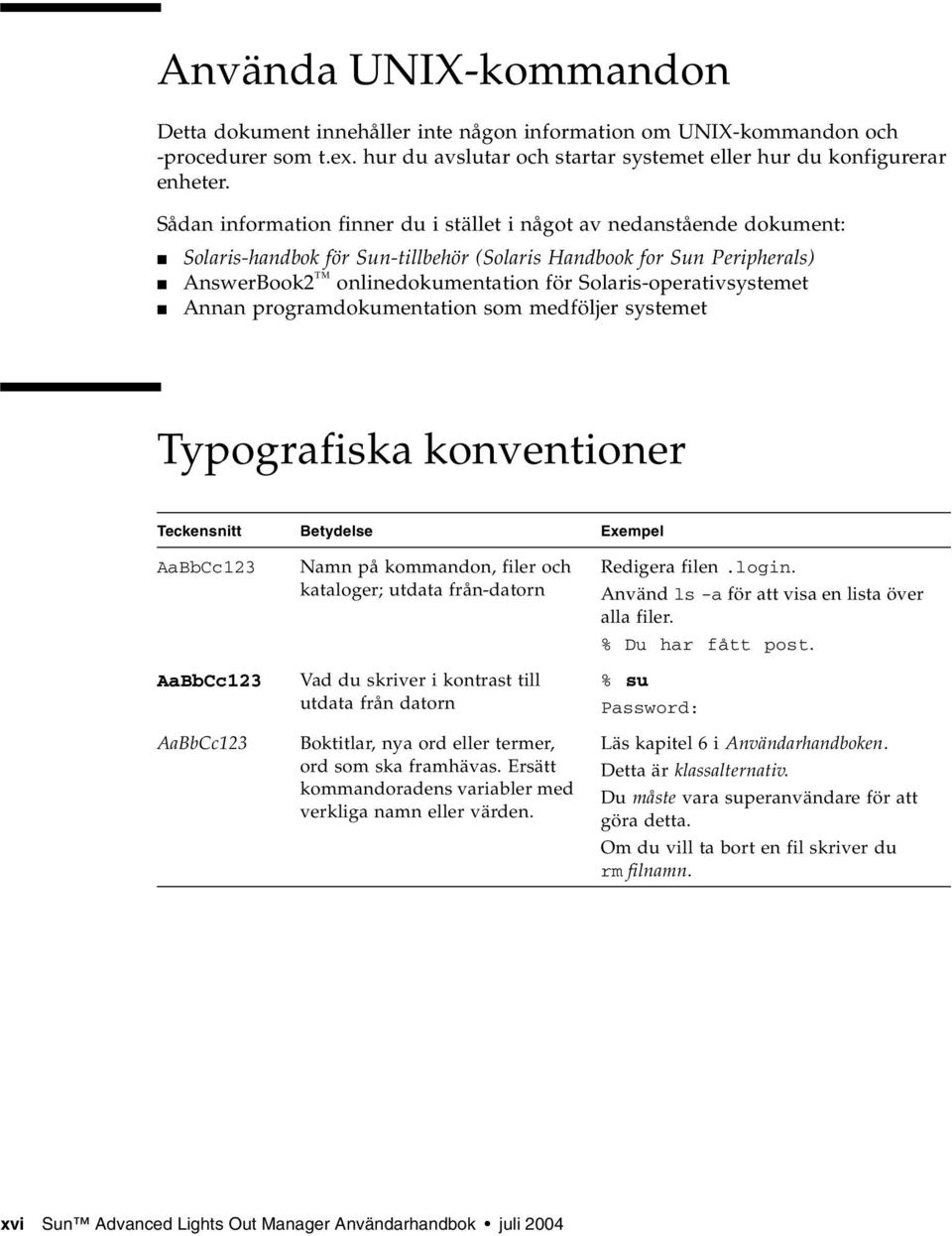 Solaris-operativsystemet Annan programdokumentation som medföljer systemet Typografiska konventioner Teckensnitt Betydelse Exempel AaBbCc123 AaBbCc123 AaBbCc123 Namn på kommandon, filer och