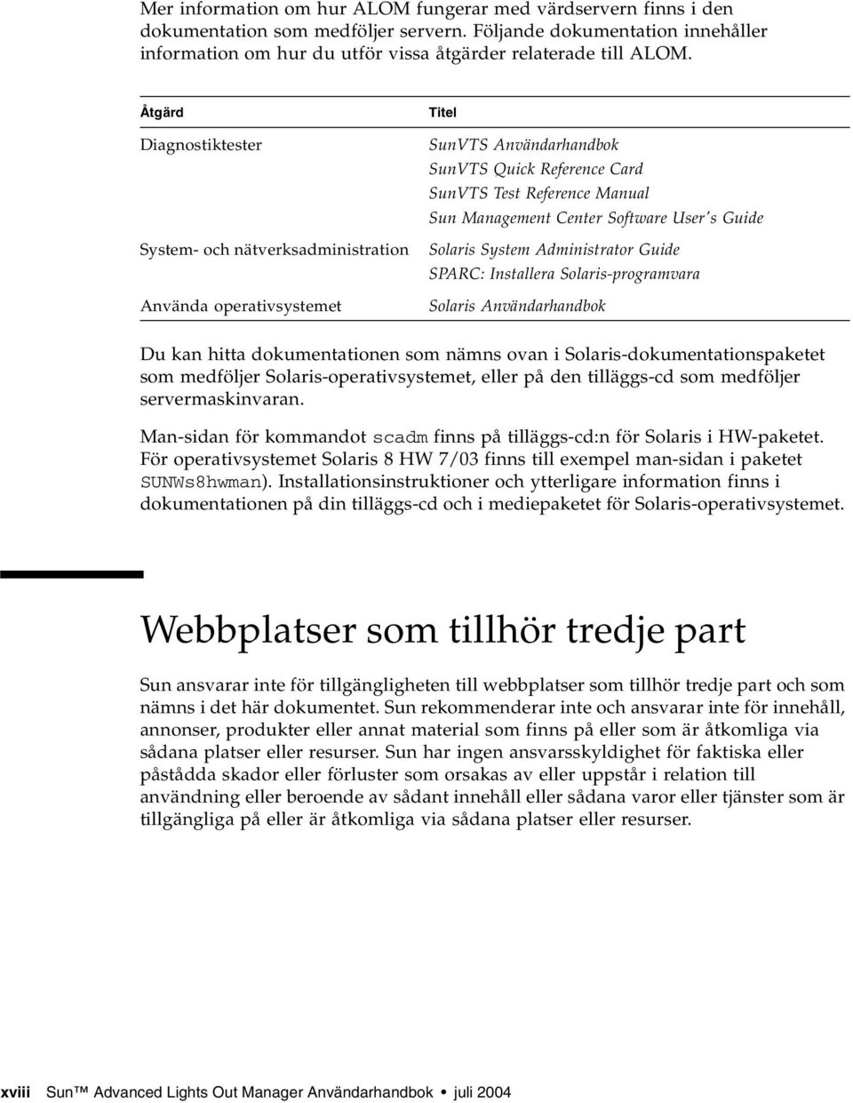 Software User's Guide Solaris System Administrator Guide SPARC: Installera Solaris-programvara Solaris Användarhandbok Du kan hitta dokumentationen som nämns ovan i Solaris-dokumentationspaketet som