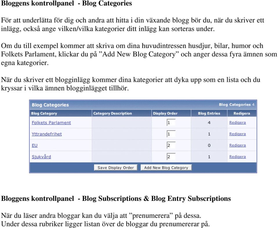 Om du till exempel kommer att skriva om dina huvudintressen husdjur, bilar, humor och Folkets Parlament, klickar du på Add New Blog Category och anger dessa fyra ämnen som egna