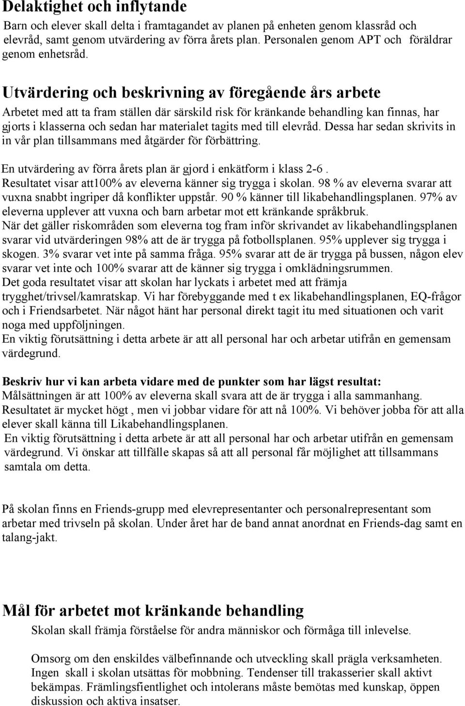 Utvärdering och beskrivning av föregående års arbete Arbetet med att ta fram ställen där särskild risk för kränkande behandling kan finnas, har gjorts i klasserna och sedan har materialet tagits med