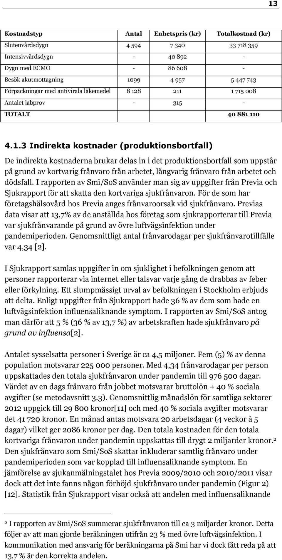 8 211 1 715 008 Antalet labprov - 315 - TOTALT 40 881 110 4.1.3 Indirekta kostnader (produktionsbortfall) De indirekta kostnaderna brukar delas in i det produktionsbortfall som uppstår på grund av