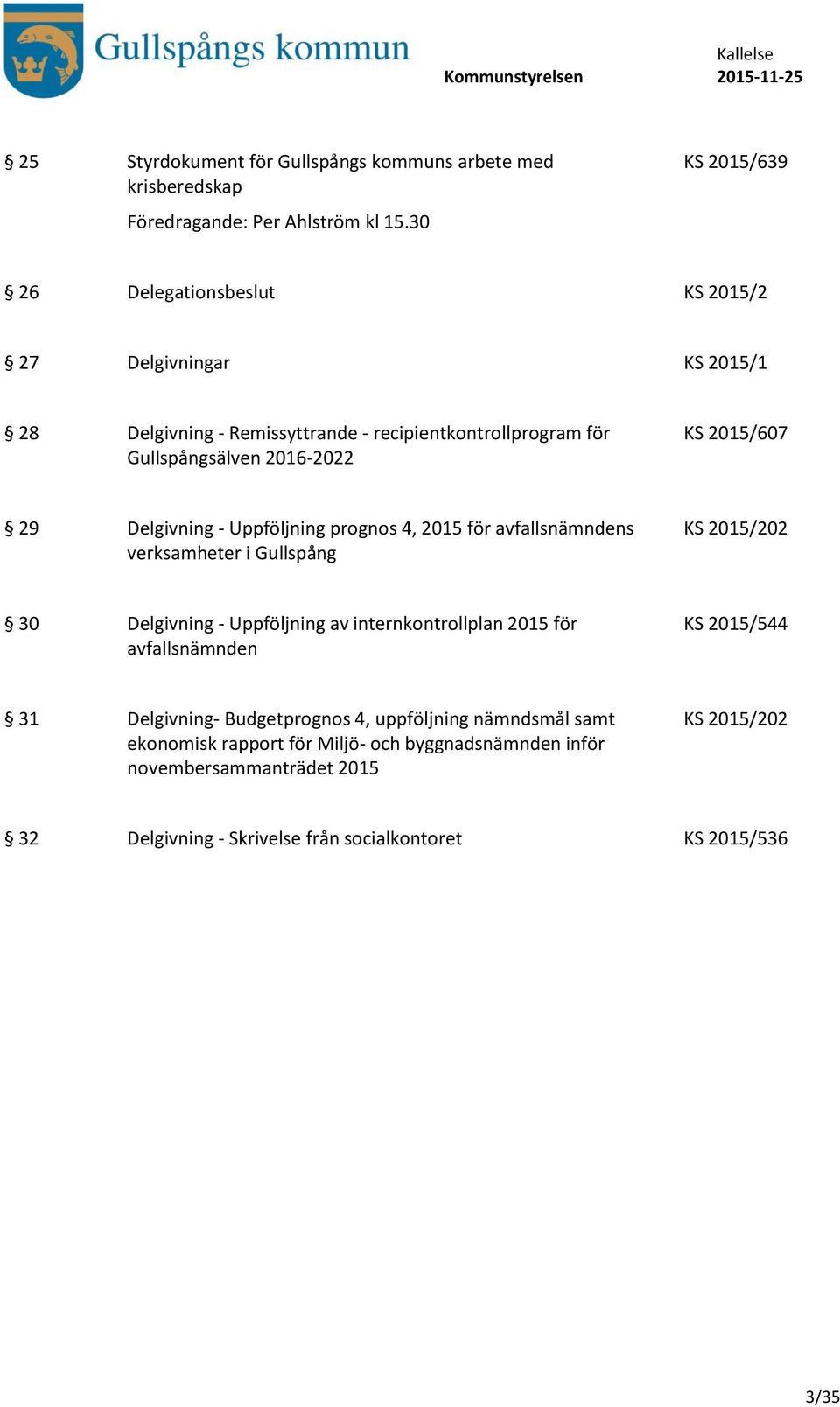 2015/607 29 Delgivning - Uppföljning prognos 4, 2015 för avfallsnämndens verksamheter i Gullspång KS 2015/202 30 Delgivning - Uppföljning av internkontrollplan 2015