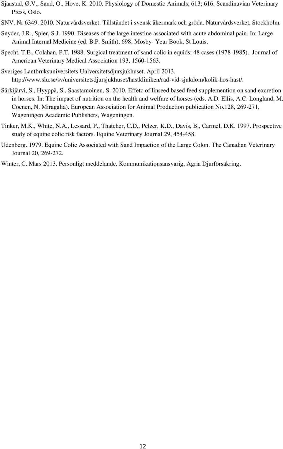 Mosby- Year Book, St Louis. Specht, T.E., Colahan, P.T. 1988. Surgical treatment of sand colic in equids: 48 cases (1978-1985). Journal of American Veterinary Medical Association 193, 1560-1563.