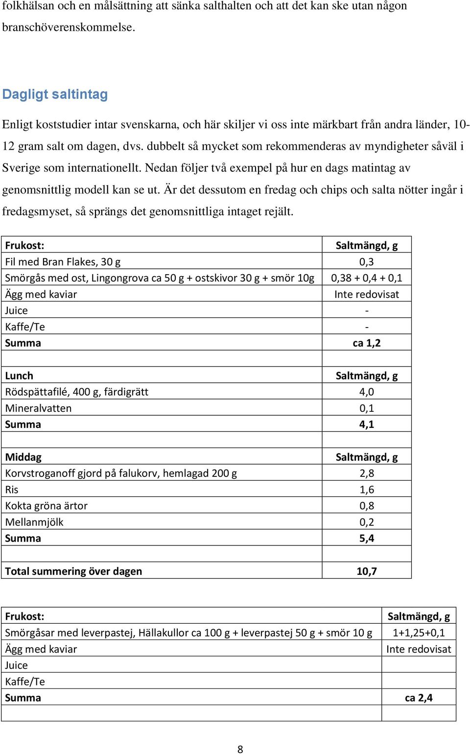 dubbelt så mycket som rekommenderas av myndigheter såväl i Sverige som internationellt. Nedan följer två exempel på hur en dags matintag av genomsnittlig modell kan se ut.