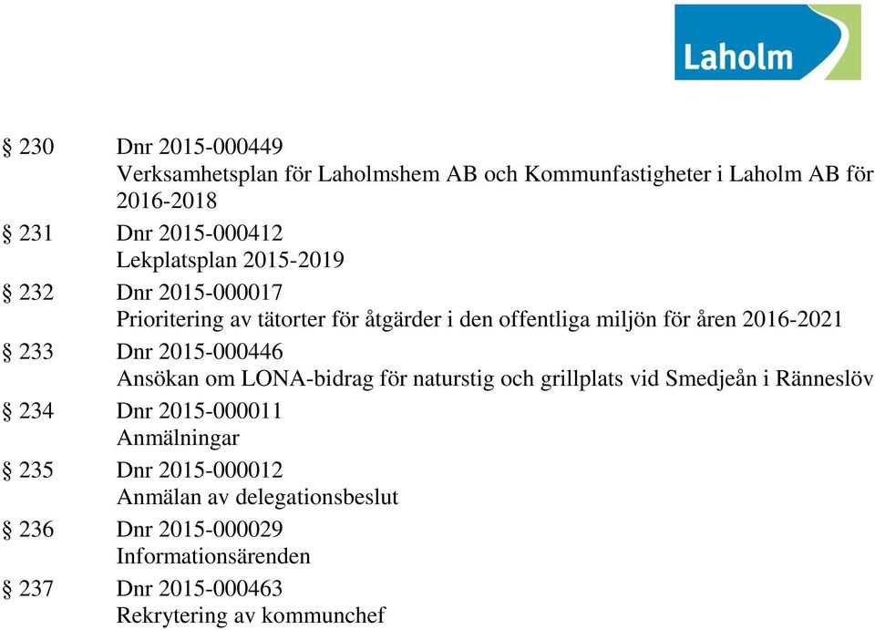 Dnr 2015-000446 Ansökan om LONA-bidrag för naturstig och grillplats vid Smedjeån i Ränneslöv 234 Dnr 2015-000011 Anmälningar