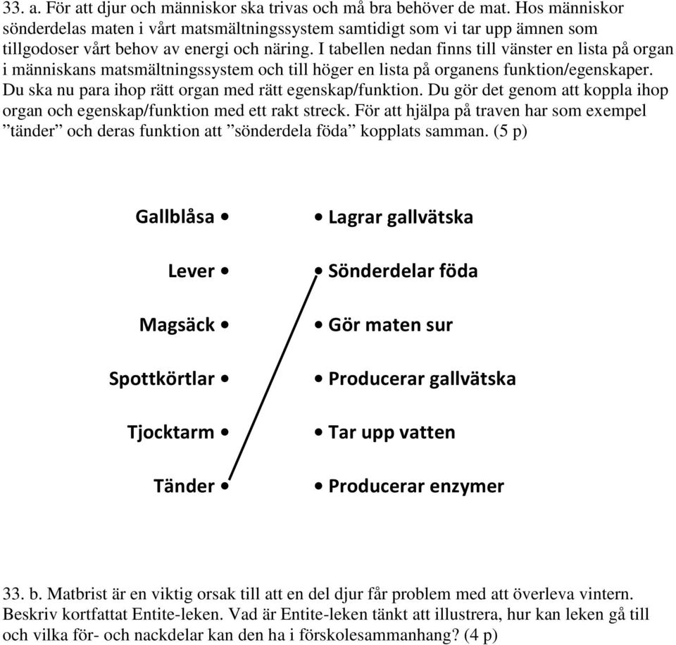 I tabellen nedan finns till vänster en lista på organ i människans matsmältningssystem och till höger en lista på organens funktion/egenskaper.