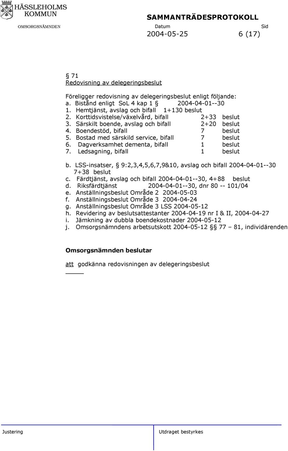 Bostad med särskild service, bifall 7 beslut 6. Dagverksamhet dementa, bifall 1 beslut 7. Ledsagning, bifall 1 beslut b.