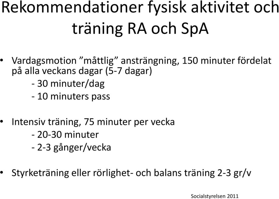 minuter/dag - 10 minuters pass Intensiv träning, 75 minuter per vecka - 20-30